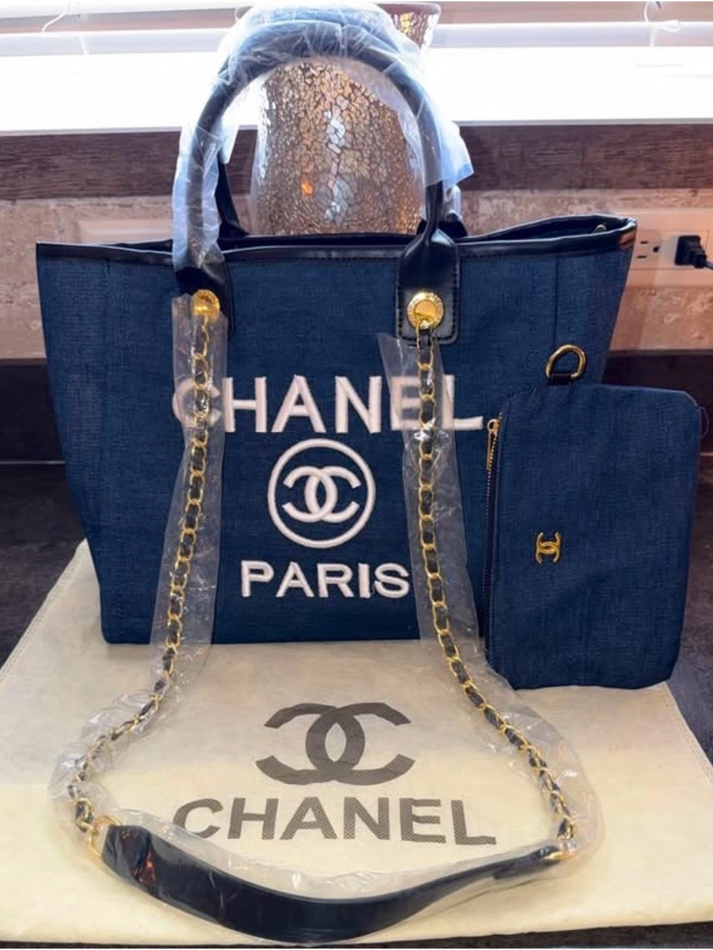 Chanel Denim Tote with Gold Chain Handles and Matching Pouch
